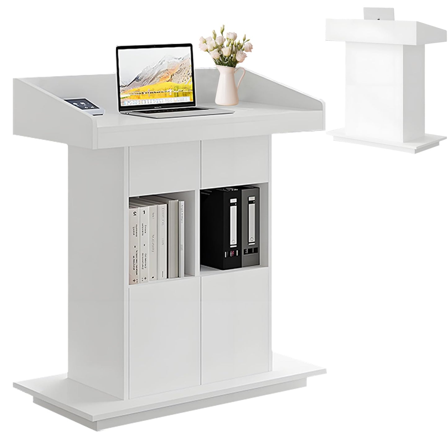 Wooden Podium Stand, Lecterns & Podiums with Storage Shelves and Drawer, Pulpits for Churches Classrooms and Conferences, Easy to Clean and Install (White, 39.4in)