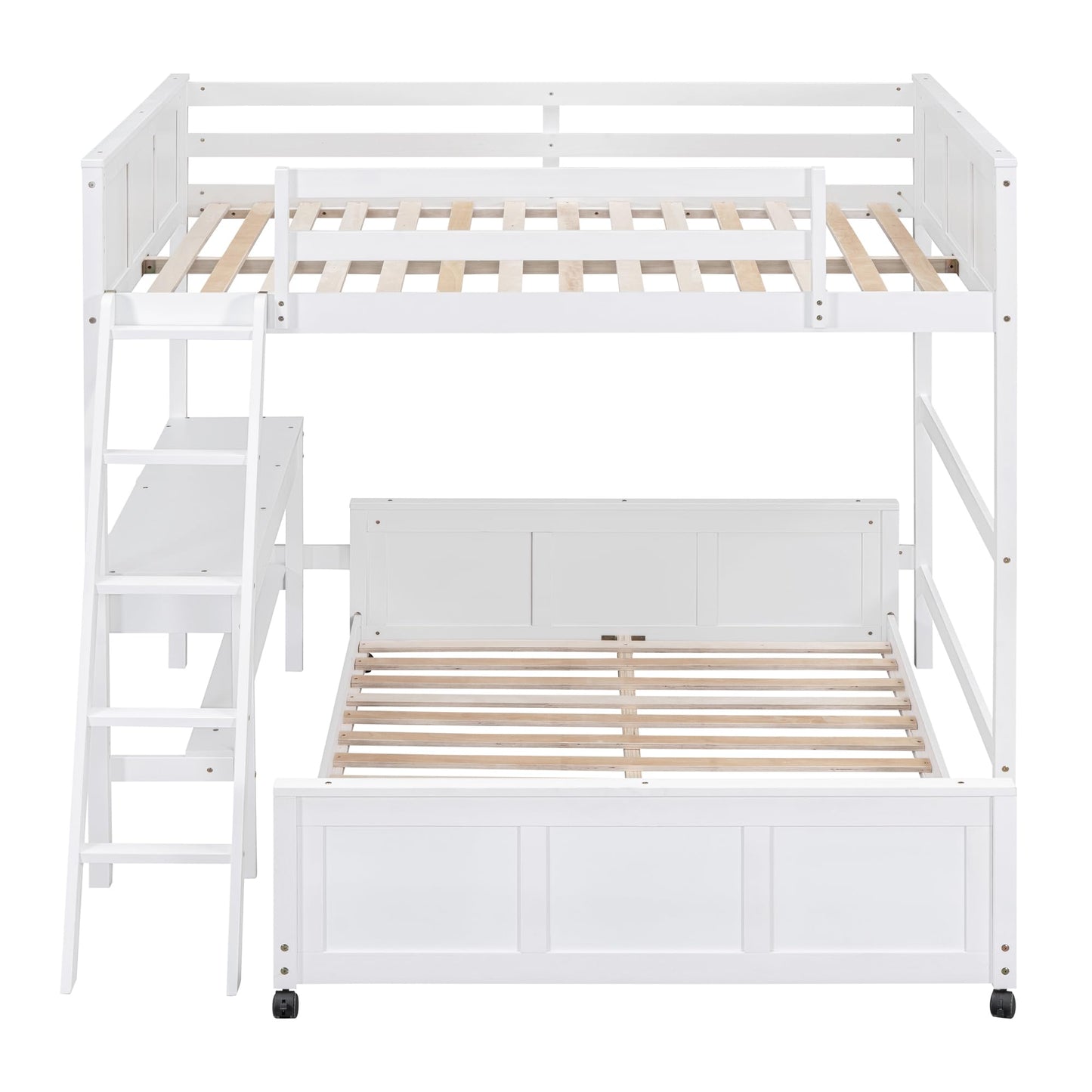 Full Over Full Bunk Beds with Desk, Wood Full Loft Bed Frame with Desk and A Stand-Alone Bed, L-Shaped Bunk Bed for Kids, Teens, Adults (Bottom Bed Can Be Moved, White)