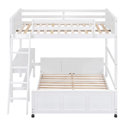 Full Over Full Bunk Beds with Desk, Wood Full Loft Bed Frame with Desk and A Stand-Alone Bed, L-Shaped Bunk Bed for Kids, Teens, Adults (Bottom Bed Can Be Moved, White)