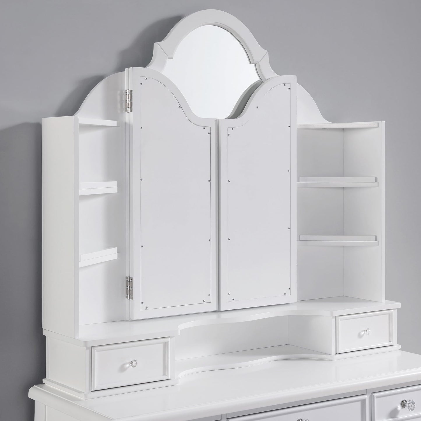 24/7 Shop at Home Nyx Traditional 3-Piece Wood 5 Drawers Makeup Vanity Table, Tri-Fold Mirror and Stool Set with Jewelry Storage, 7 Shelves, Padded Seat for Bedroom, Dressing Room, White and Gray