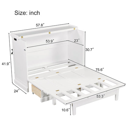Merax Solid Pine Murphy Bed, Chest Cube Cabinet Bed with Charging Station and Large Storage Drawer for Home Office or Small Room, Full, White