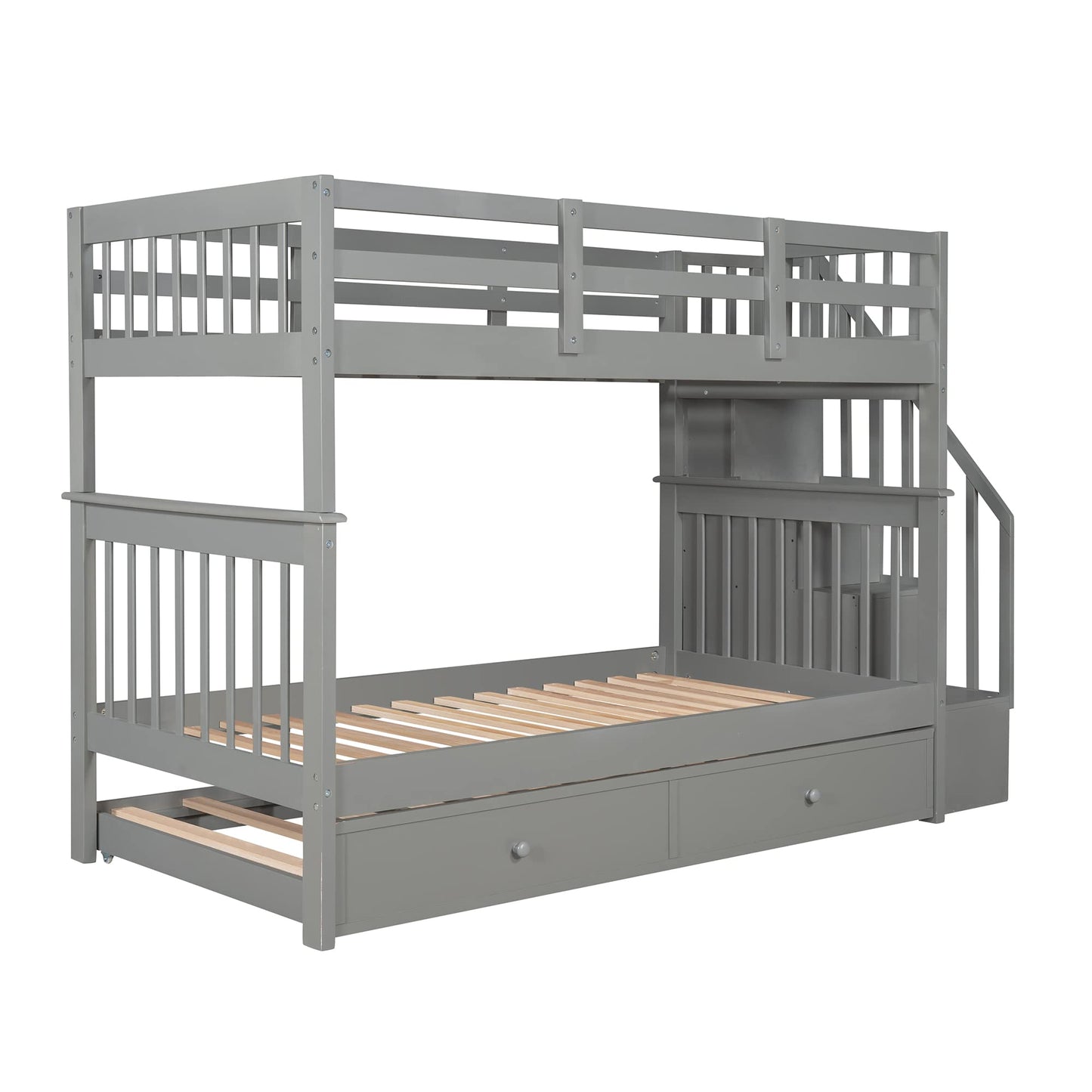 Merax Twin-Over-Twin Bunk Bed with Twin Size Trundle, Soild Wood Stairway Bunk Bed with Storage and Guard Rail for Teens, Adults, Gray