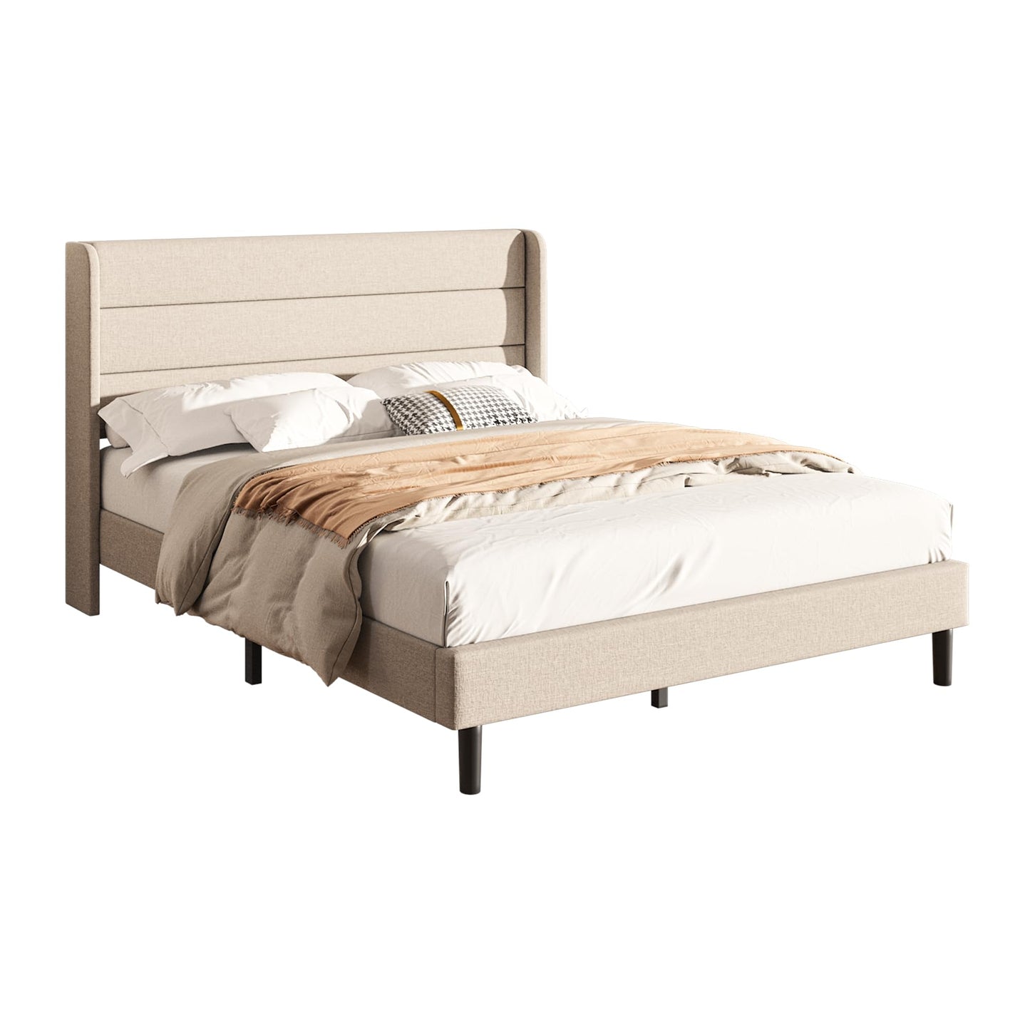 Mxhtcewz Queen Size Upholstered Platform Bed Frame, Modern Linen Fabric Bed with Wingback Headboard, Sturdy No Wobble, Noise-Free & Easy Assembly, No Box Spring Needed, Beige