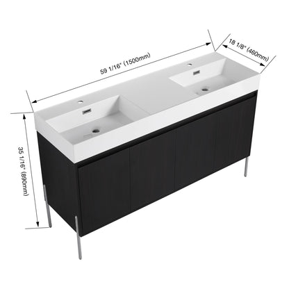 KEIKI 60" Freestanding Bathroom Vanity with Resin Double Sink, Modern Bathroom Storage Cabinet with Soft Closing Doors & Solid Metal Legs, 60 inches Double Sink Bathroom Vanity with 45° Bevel Handle