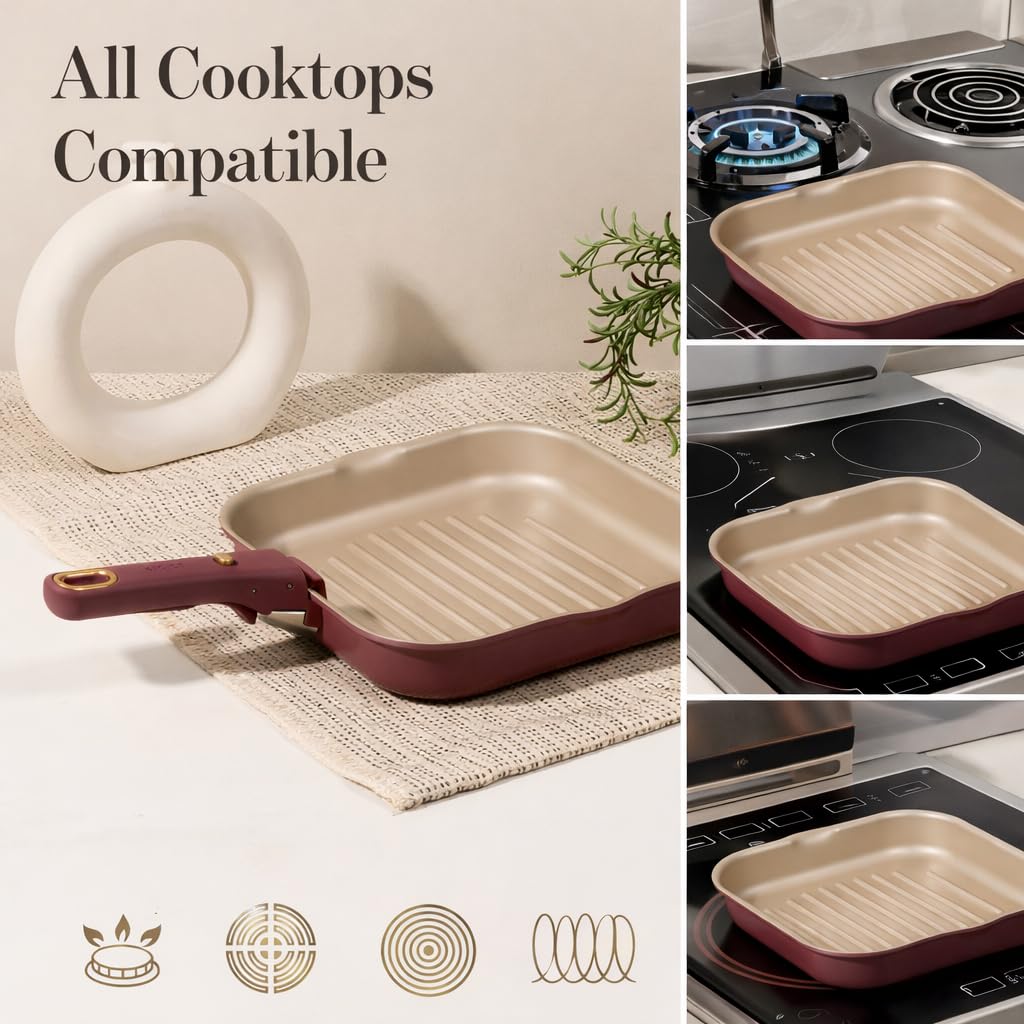 CAROTE 10 Inch Titanium Reinforced Nonstick Grill Pans for Steak, Non-Stick Grill Pans Sets with Detachable Handle, PFOS, PFOA Free, Gas & Induction Safe, All Stovetops Compatible, Burgundy
