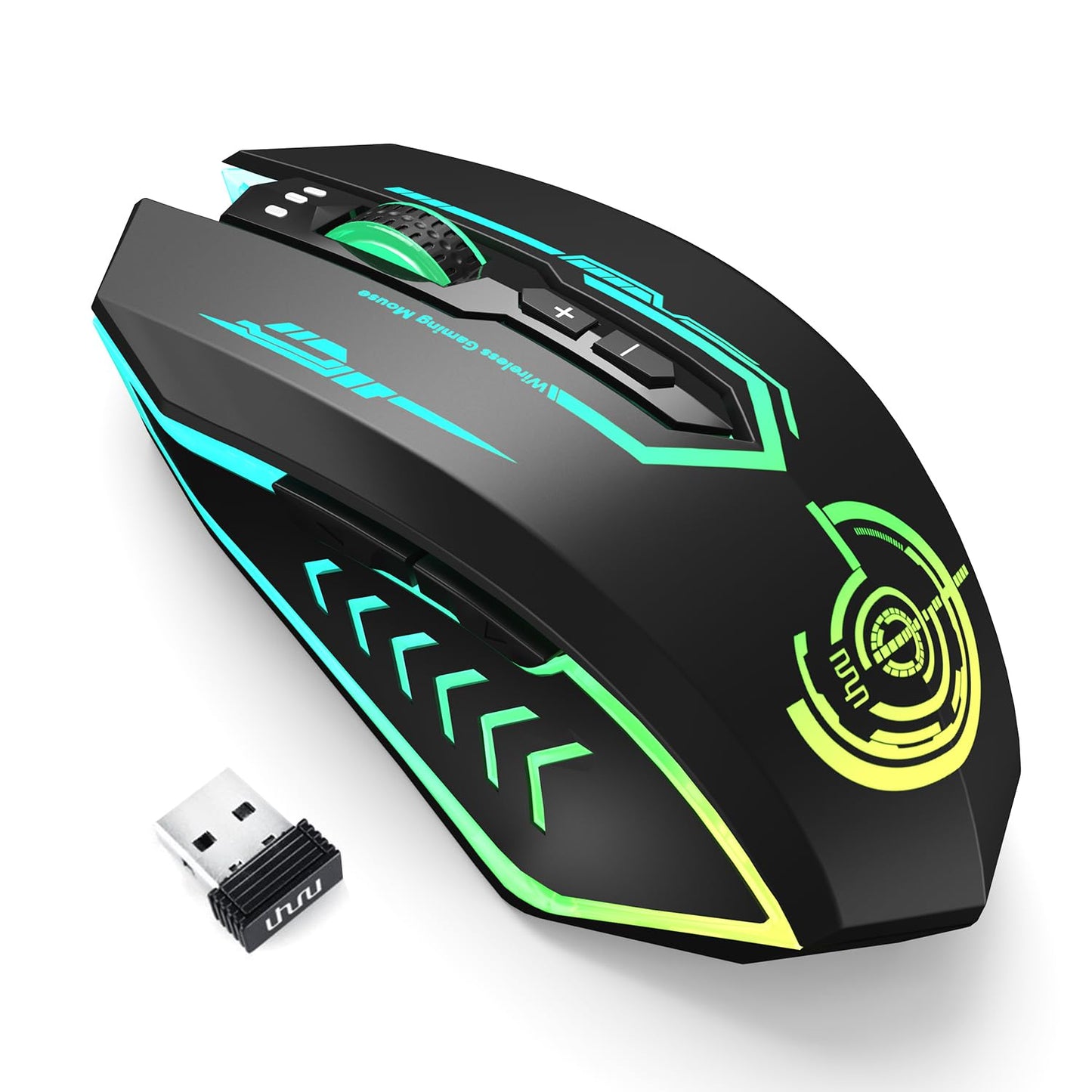 UHURU Wireless Gaming Mouse Up to 12000 DPI, Rechargeable USB-C Wireless Mouse with 7 Buttons 7 Dynamic LED Color Ergonomic Programmable MMO RPG for PC Laptop, Compatible with Windows Mac