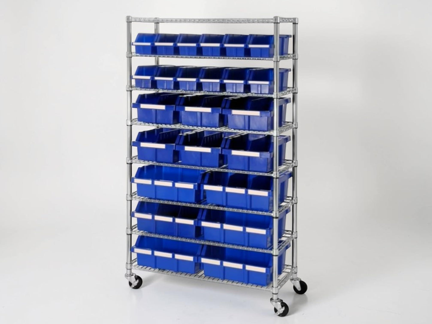 24-Bin Rolling Rack, Mobile Wire Shelving Unit with Blue Storage Bins, 8-Tier Chrome Cart, 36" W x 14.25" D x 63.5" H