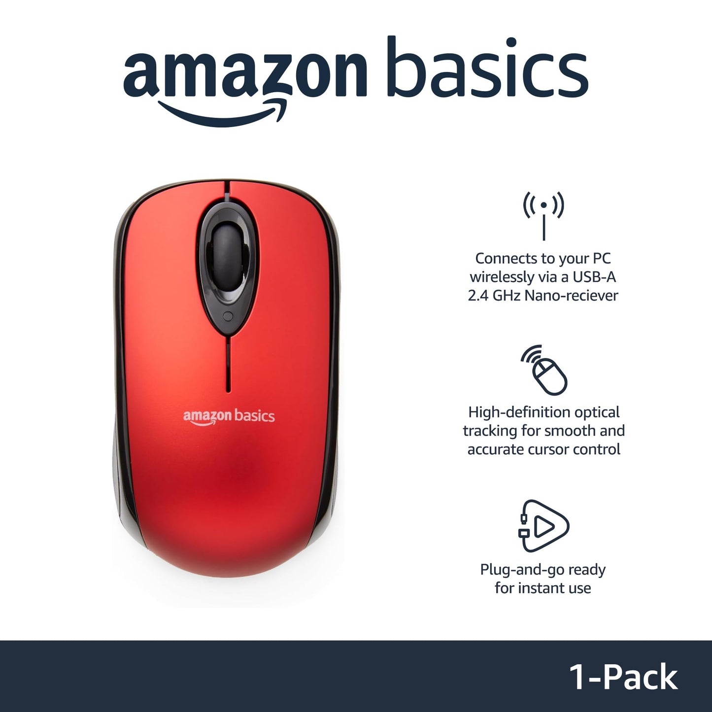 Amazon Basics 2.4 GHz Optical Wireless Mouse for Laptop and Computer, USB Nano Receiver, Red
