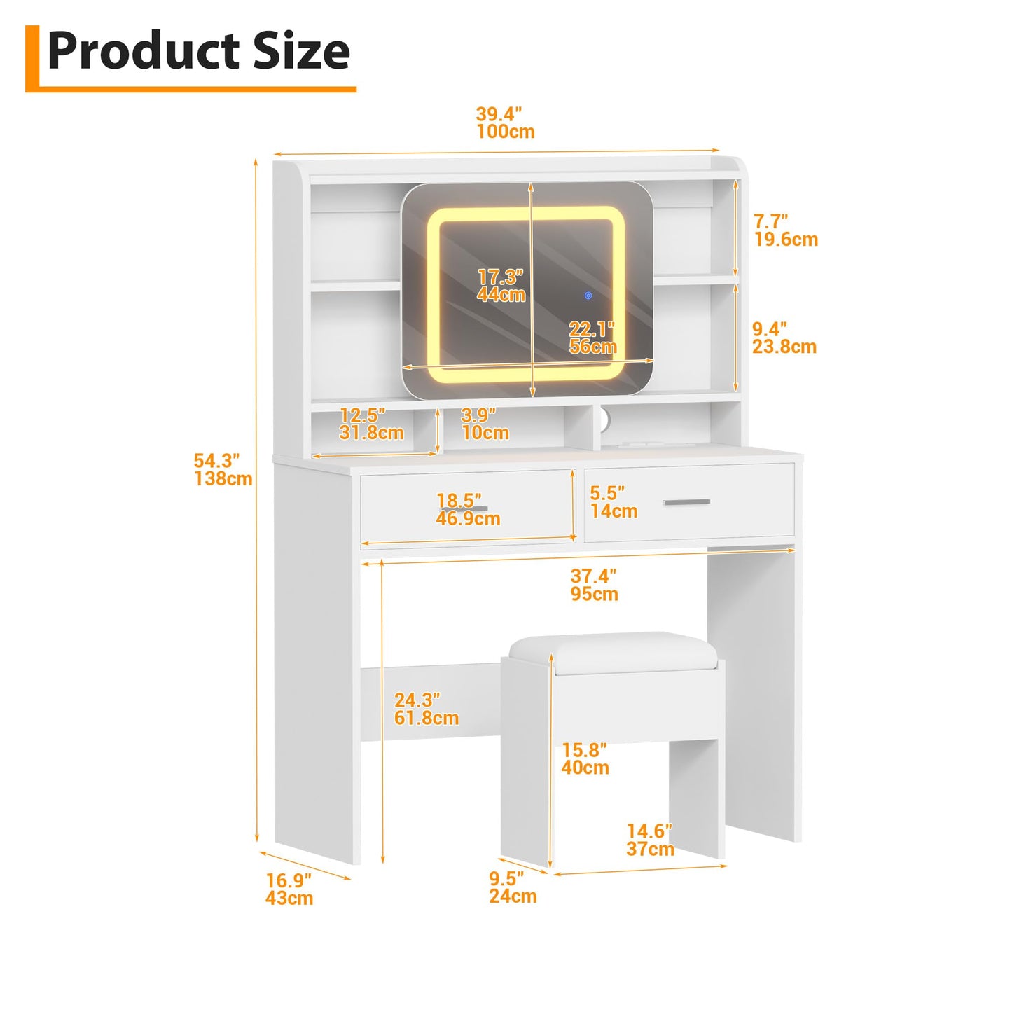 GOCAPTAIN Vanity Desk Makeup Vanity Table with Slides Mirror LED Lights 3 Intensities, Dressing Table Set with Stool, 5 Storage Shelves 2 Drawers, Plugboard and Hanger, 15.8" x 39.4" x 54.3"