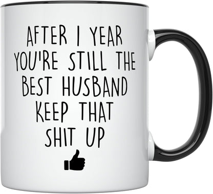 YouNique Designs 1 Year Anniversary Coffee Mug for Him, 11 Ounces, Black Handle