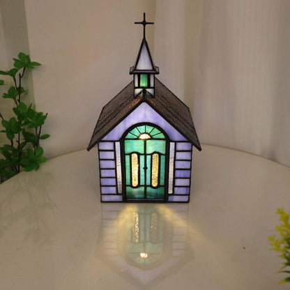 Bieye L12008 Christian Church Tiffany Style Stained Glass Table Lamp (Blue Chruch)
