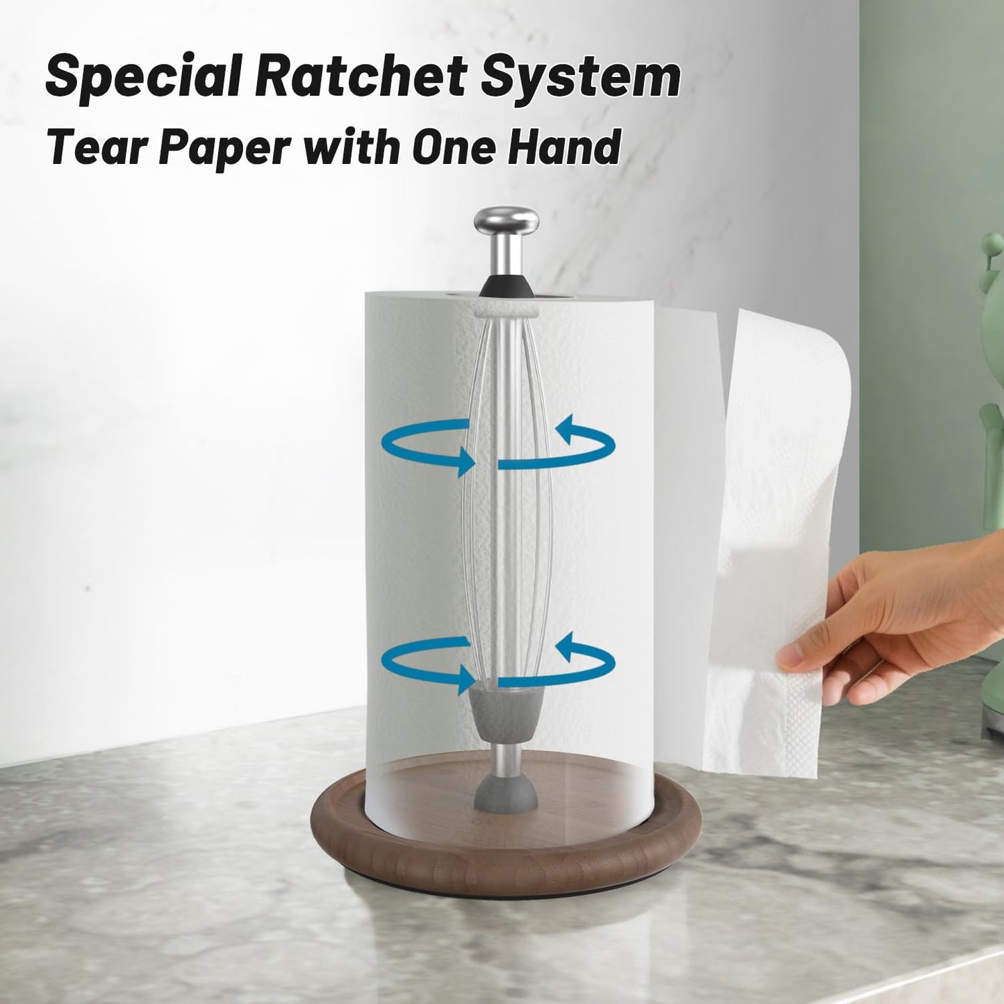 Countertop VEHHE Wooden Paper Towel Holder with Weighted Base, One-Handed Tear Paper Towel Holder Stand with Damping