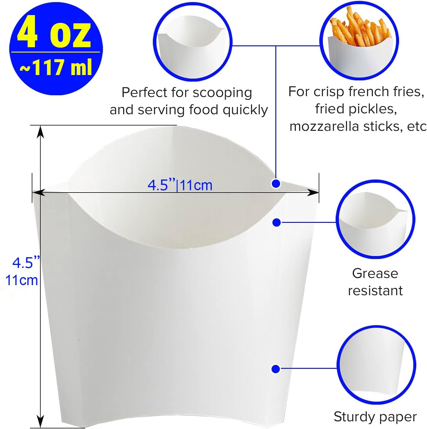 CUSINIUM 4 oz 50-Pack Small White French Fry Containers, Disposable French Fries Holders