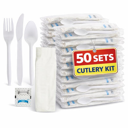 1InTheHome Cutlery Set Disposable, Plastic Wrapped Cutlery Kit (Knife/Fork/Teaspoon/Napkin/Salt and Pepper), Heavy Duty, 50 Pack