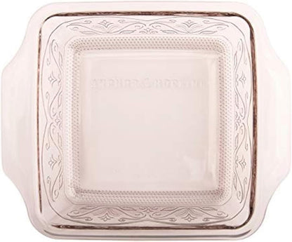 Anchor Hocking Square Baking Dish - Glass - 8 x 8 - Embossed Design in Rose Color