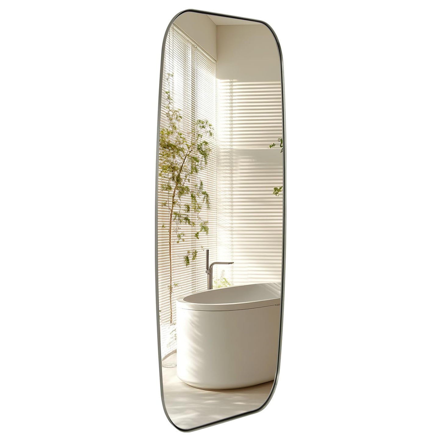 ANDY STAR 18x48 Full Length Wall Mirror, Brushed Nickel Oblong Shaped Body Mirror with Stainless Steel Metal Frame, Rounded Corner Design for Floor and Leaning