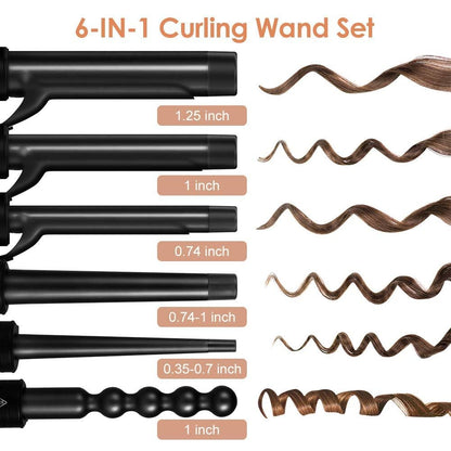 6-in-1 Curling Iron, Professional Instant Heat Up Hair Curling Wand Set with 6 Interchangeable Ceramic Barrels (0.35'' to 1.25'') and 2 Temperature Adjustments, Heat Protective Glove & 2 Clips