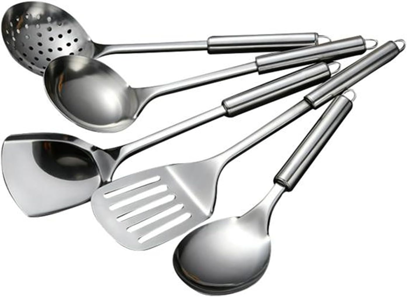 5Pcs Stainless Steel Cooking Utensils Set, Heat Resistant Wok Utensils Include Slotted Spoon, Spatula, Large Spoon