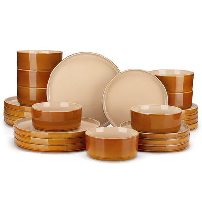 vancasso ONION Ceramic Plates and Bowls Sets, 24 Pieces Brown Dinnerware Sets for Kitchen, Reactive Glaze Dishes Set for 8, Dishwasher and Microwave Safe