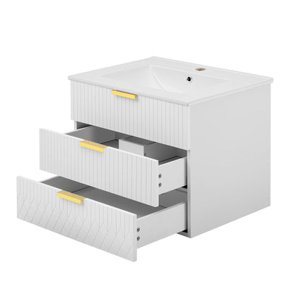Merax 24" Wall Mounted Floating Cabinet w/Double Drawer, Floating Rectangular Vanity Small Bathroom Sink with Single Faucet Hole and Overflow, Modern Bathroom Cabinet with Ceramic Basin Sink, White