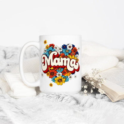 Floral Retro Mama Coffee Mug - Mom Birthday Cup, Mother's Day Gift (15oz)