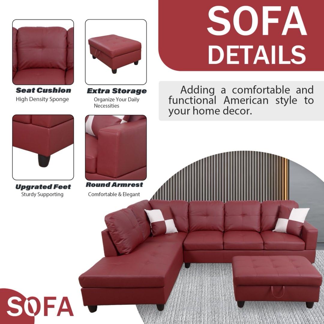 UOCFYK Red L-Shaped 3-Piece Faux Leather Sofa with Storage Ottoman Set, Sectional Couch Leather-Like Sofa Set for Living Room, Office, Small Space