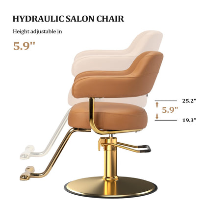 OmySalon Barber Chairs for Barbershop Brown and Gold Styling Chair, Salon Chair for Hair Stylist Heavy Duty Hydraulic Pump, 360°Swivel with Footrest, Hairdressing Home Beauty Spa Braiding Equipment