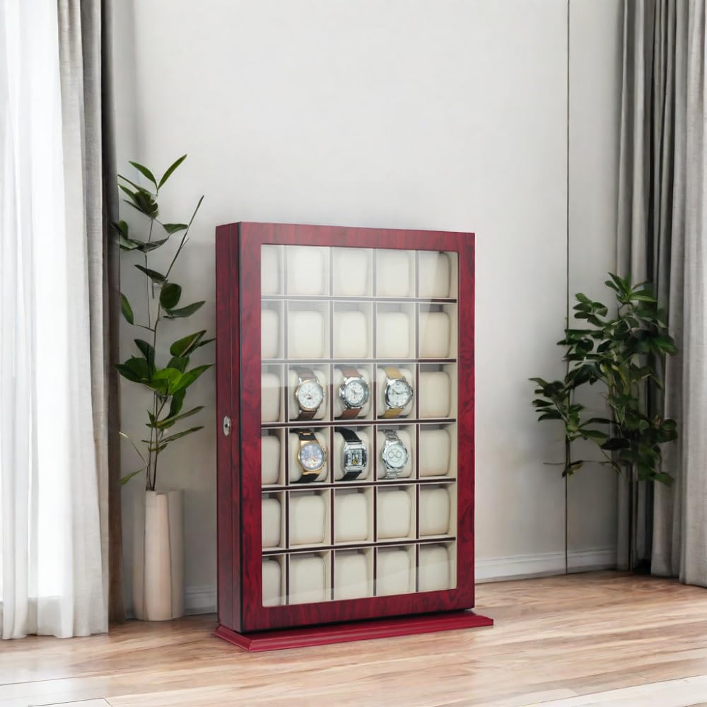 TIMELYBUYS 30 Piece Cherry Wood Watch Display Wall Hanging Case and Storage Organizer Box and Stand Father's Day