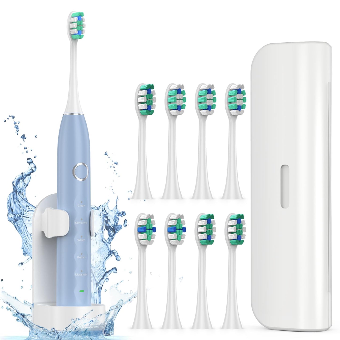 Electric Toothbrush for Adults with 8 Brush Heads, Sonic Toothbrush Rechargeable with a Holder & Travel Case, 2.5 Hours Charge for 120 Days Use - Light Blue