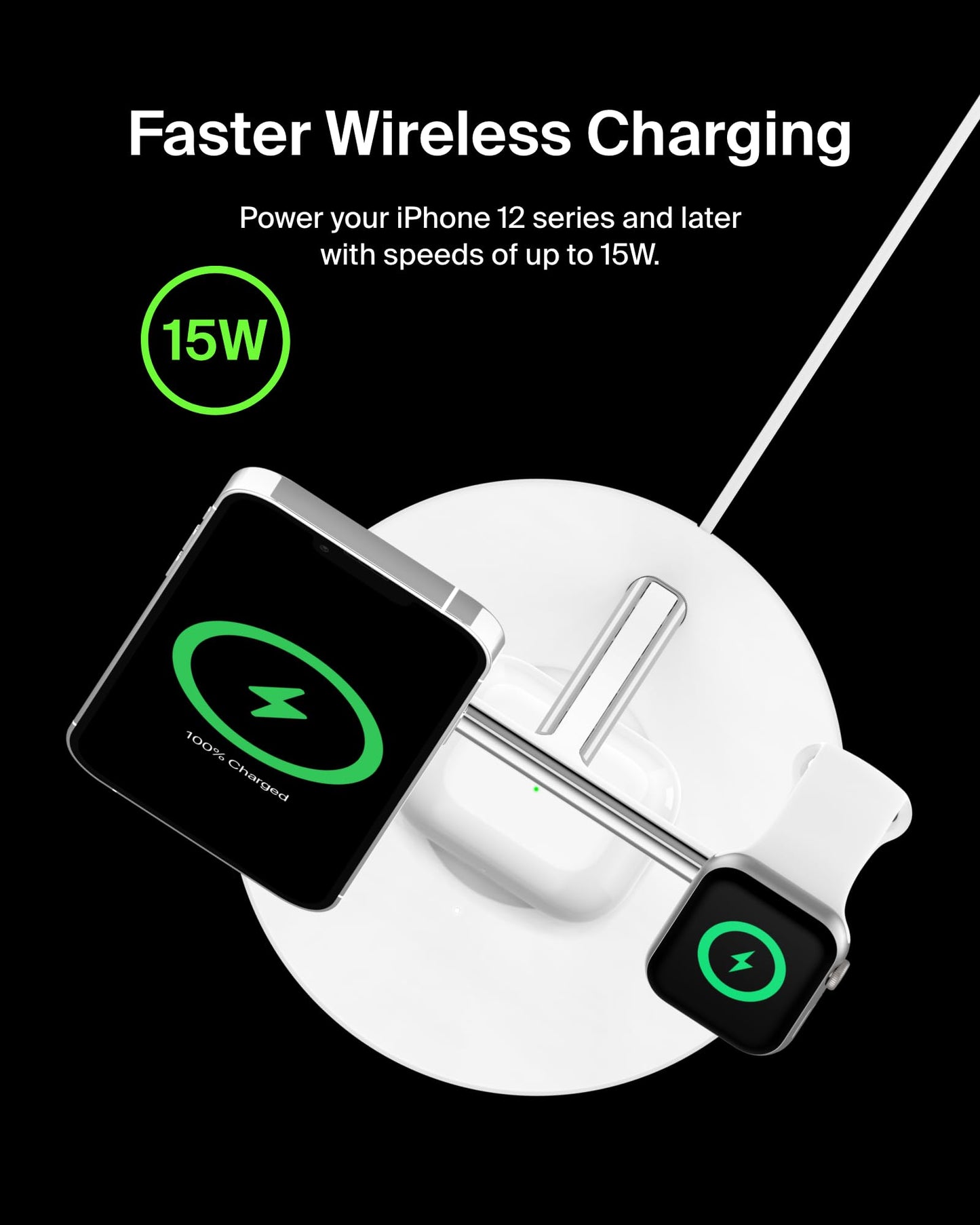 Belkin MagSafe-Compatible Charger, 3-in-1 Wireless Charging Station, Qi2-Certified 15W Wireless Charge for Apple iPhone 17 Series, Apple Watch, AirPods w/Non-Slip Base, 40W Included - Black