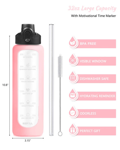Nefeeko 32 oz Glass Water Bottles with Straw, Motivational Time Marker, 1 Liter BPA FREE Leakproof Reusable Bottle with Silicone Sleeve, Bamboo & Spout Lid