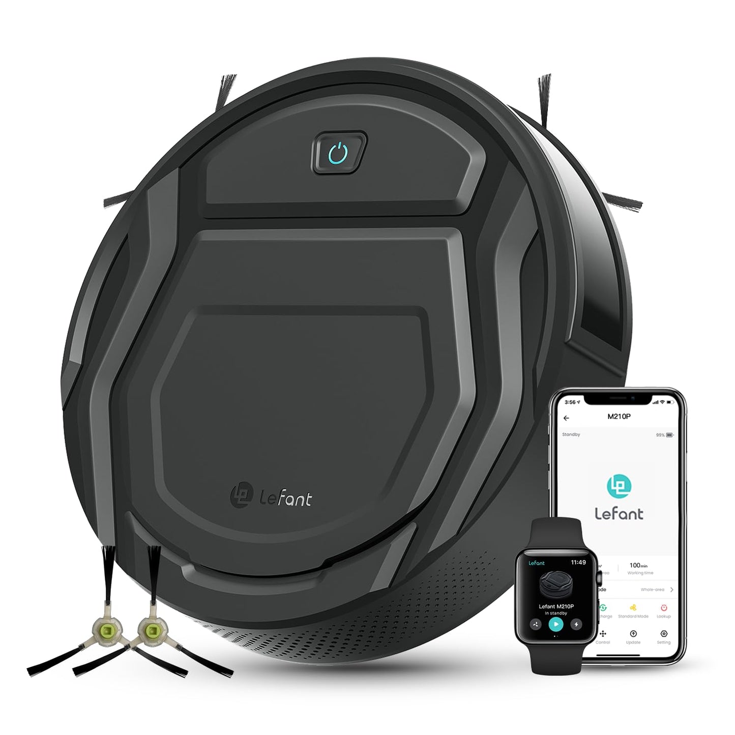 Lefant Robot Vacuum Cleaner, 120 Mins Runtime, Compact Design, Low Noise, Powerful Suction, Wi-Fi/App/Voice Control, Self-Charging, Scheduled Cleaning, Ideal for Pet Hair and Hard Floors, M210 Black