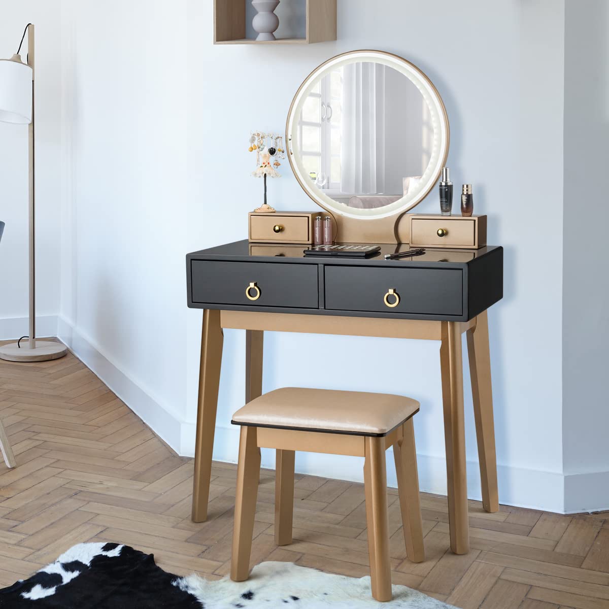 AUGESTER Vanity Set Touch LED Mirror, Dressing Table w/ Brightness Adjustable & 3 Hues Mirror, 4 Sliding Drawers, Well-Padded Stool, Modern Bedroom Makeup Vanity Set Women Girls, Black,white,navy