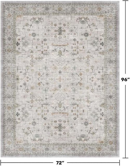 Hazo Haus Boho Light Grey Area Rug - Modern Vintage Floral Design, Washable 6x8 Non-Slip for Living Room & Dining Room