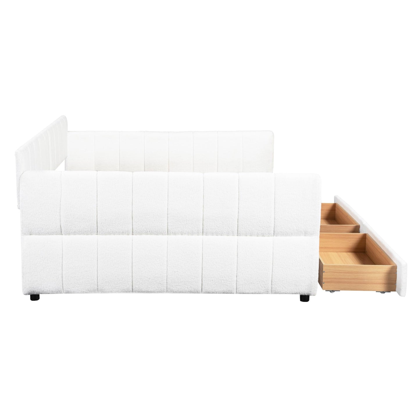 Ball & Cast Queen Size Daybed with Storage Drawers and USB Port,Upholstered Day Bed Frame with Channel Tufted Backrest and Armrest, Boucle Fabric,No Box Spring Needed,White