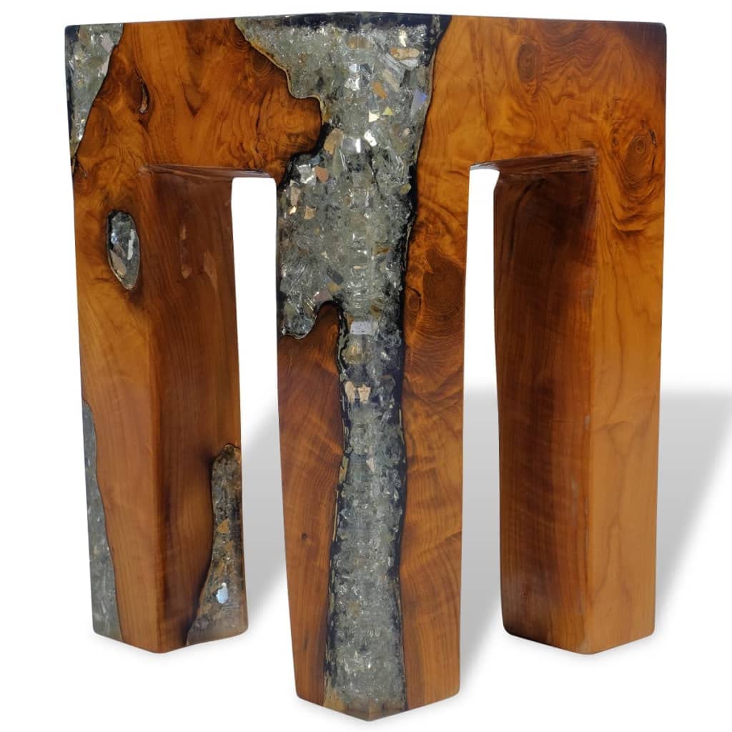 GOLINPEILO Unique Stool Solid Teak Wood and Resin 11.8" x 11.8" x 15.7", Fully Handmade Wooden Bench Solid Wood Dining Bench Rustic Home Décor Furniture, Rustic Wooden Entryway Bench(Style A)