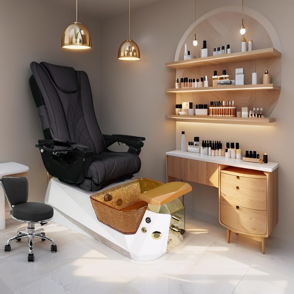 Galaxy Professional Nail Salon Furniture Set – Luxury Pedicure Spa Chair, Manicure Table & Technician Stools (Black Set, Espresso Table)