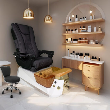 Galaxy Professional Nail Salon Furniture Set – Luxury Pedicure Spa Chair, Manicure Table & Technician Stools (Black Set, Espresso Table)