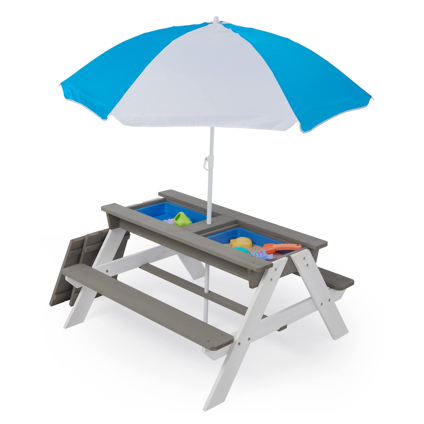 3-in-1 Kids Outdoor Wooden Picnic Table with Umbrella, Convertible Sand & Wate, Gray ASTM & CPSIA Certification