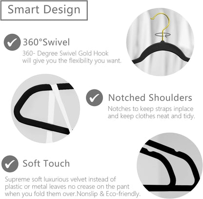 MIZGI Premium Velvet Hangers - 30 Heavy-Duty Non-Slip Slimline Suit Hangers - Black with Gold Hooks