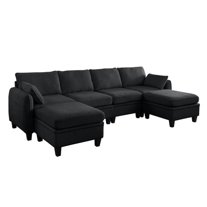 KEIKI 109 Inch Chenille Sectional Sofa Set, Modern U-Shaped Sleeper Cloud Couch with Storage Pockets & Ottoman, 6-Seater Modular Sofa Couches Bed for Apartment Living Room Lounge, Easy Assembly, Black