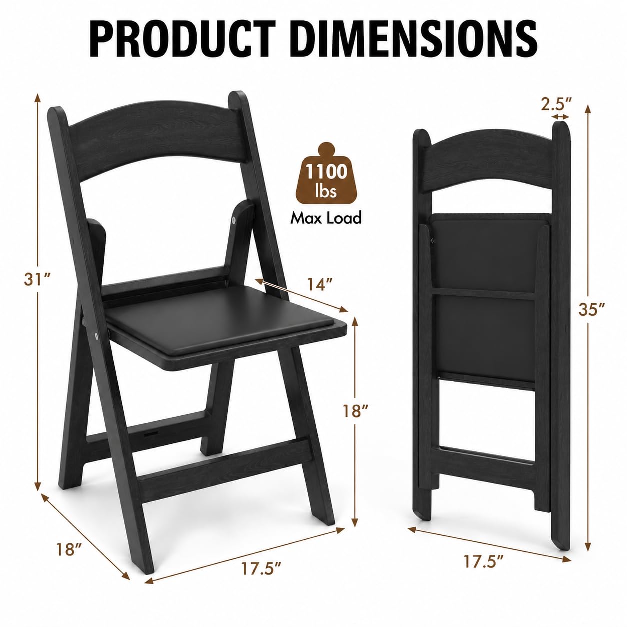 POWERSTONE Folding Chairs 8 Pack, Foldable Chair with Padded Seat, 330Lbs Capacity Lightweight Seat for Indoor Outdoor Office, Wedding, Party, Picnic, Events, Black Resin