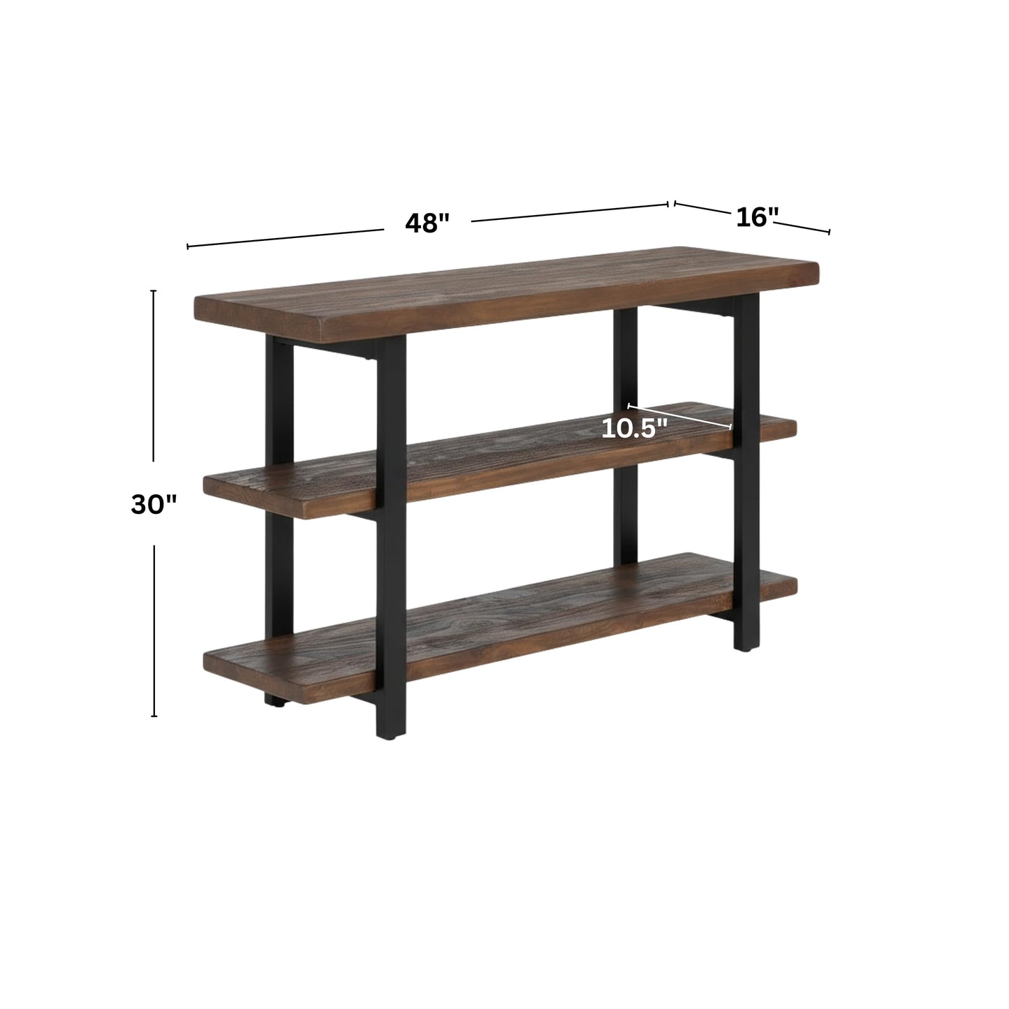 Alaterre Furniture Pomona 3-Tier Solid Wood Media Console Table with 2 Open Shelves and Metal Legs - Rustic Industrial Farmhouse TV Stand and Storage Console (Rustic Brown)