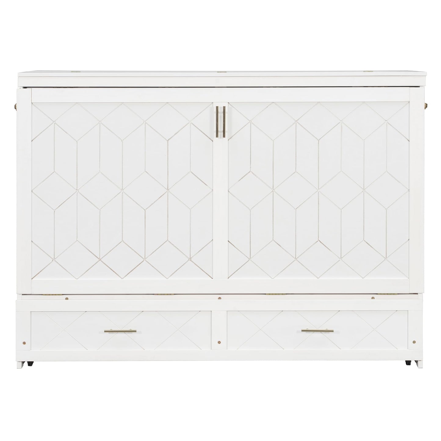 Merax Queen Size Murphy Cabinet Bed with Storage Drawers, Wall Murphy Bed with a Set of Sockets & USB Ports, Folding Platform Bed for Small Room