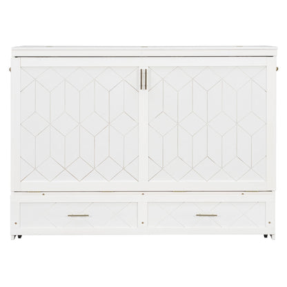 Merax Queen Size Murphy Cabinet Bed with Storage Drawers, Wall Murphy Bed with a Set of Sockets & USB Ports, Folding Platform Bed for Small Room