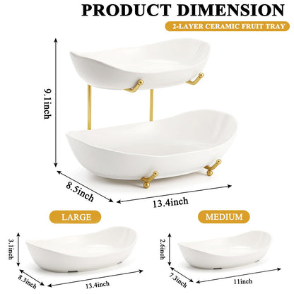 Large Size 2 Tier Ceramic Fruit Bowl,（13.4 and 11 inch Plate）More Storage Space, Golden Metal Stand for Kitchen Counter,Porcelain Fruit Basket for Countertop, Snack, Nuts, Cake, Dessert - White