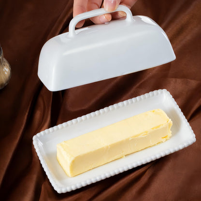 White Ceramic Butter Dish with Lid-Vintage Pearl Embossed Edge & Large Arc Handle-Keeps Butter Fresh on Countertop or in Fridge-Dishwasher & Microwave Safe