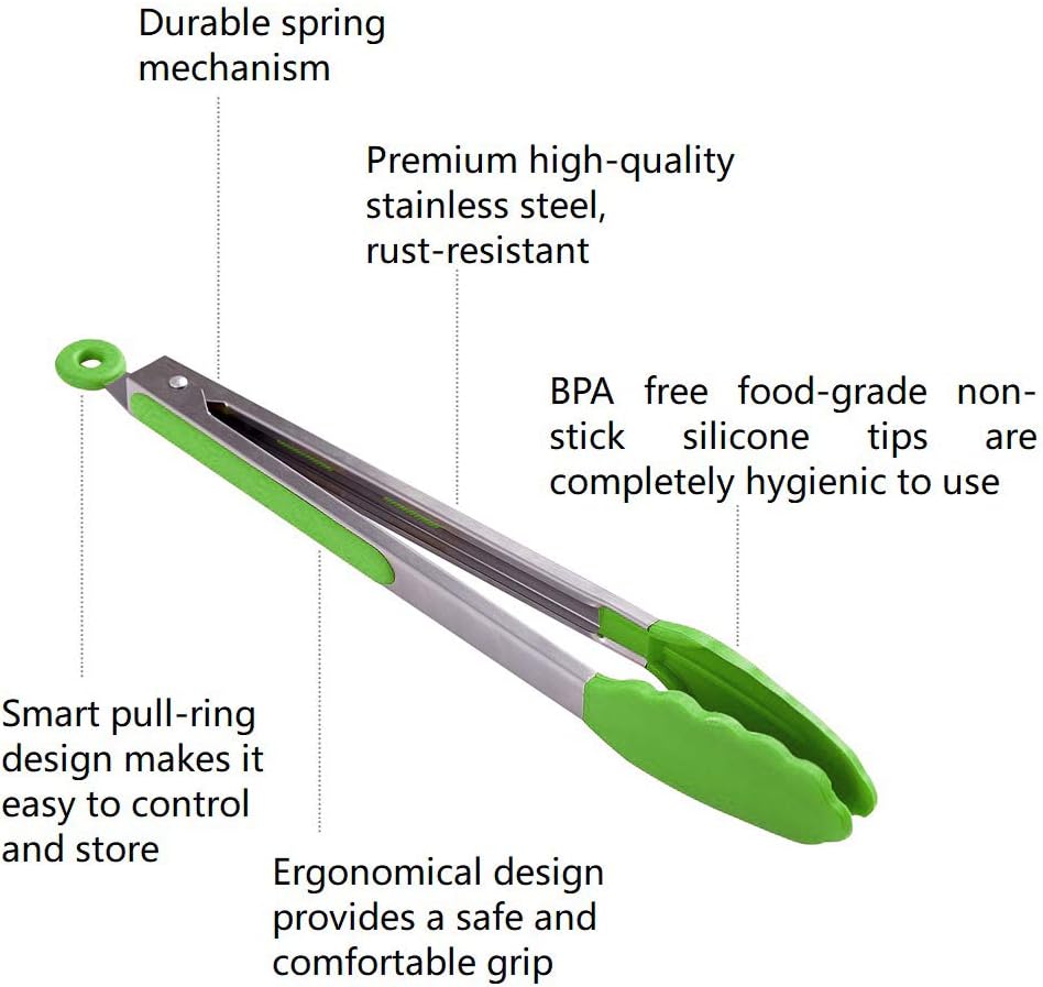 Set of 2 Kitchen Tongs – 9 inch & 12 inch – Premium Locking Non-stick Stainless Steel Food Tongs for Cooking, BBQ,