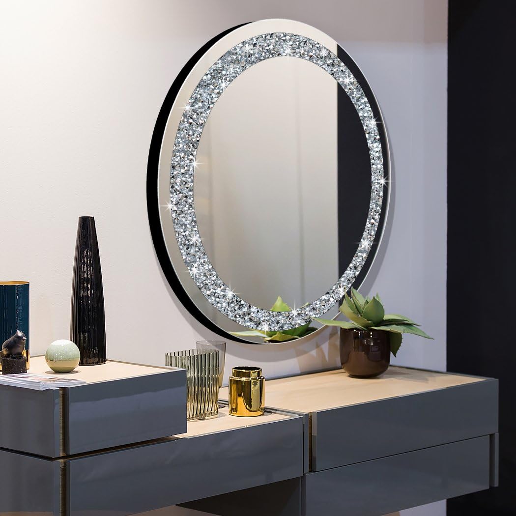 QMDECOR Round Wall Mirror 28x28 inch Crystal Crush Diamond Decor for Home Decoration Silver Mirror.