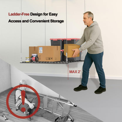 Overhead Garage Storage Rack for 12–14 FT Ceiling, Heavy-duty 4x4 FT Ceiling Storage Racks with Safety Lock, Ideal for Garage Storage Mounted Lift System and Storage Organizer, 250lbs Capacity